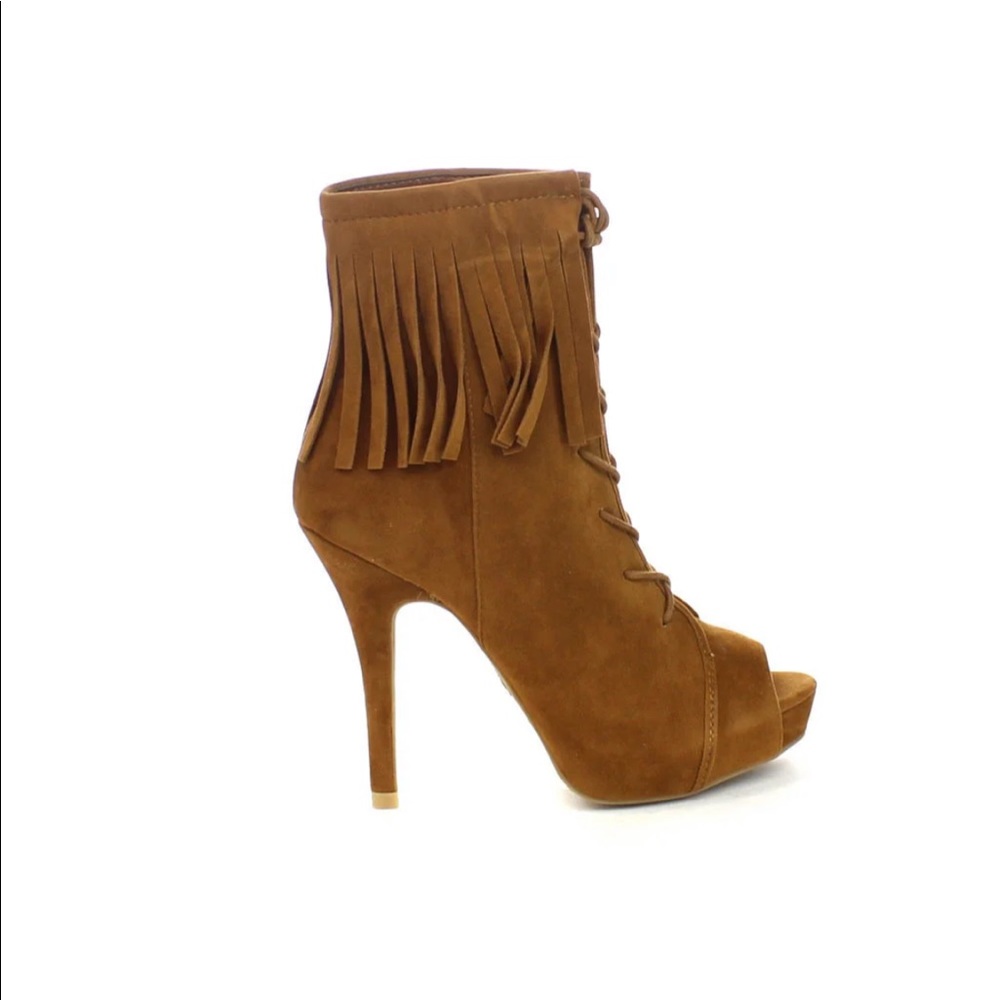 Brown fringe boot heels